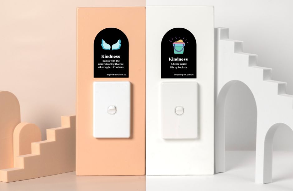 Inspired Spark Anywhere Inspo comes in two ranges for each value. They are photographed here above a lightswitch. Products are part of the Acceptance and Commitment Therapy Frame work - ACT